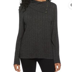 NWT- Rafaella Dark Heather Gray Cowl Neck Top Button Sweater Sz XL
